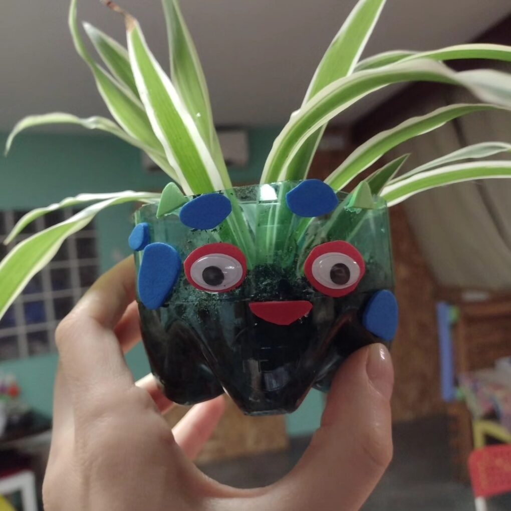 Manos sosteniendo una maceta decorada como un personaje con ojos y flores