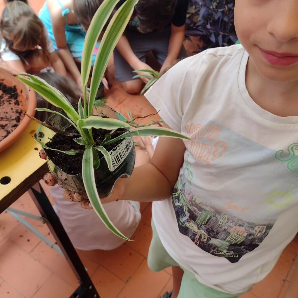 Niño mostrando la planta que ha cultivado en una maceta decorada