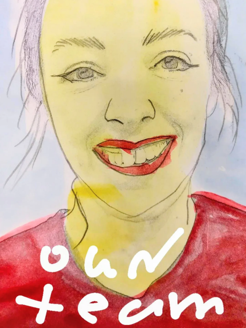 Dibujo infantil de un rostro con el texto «our team»