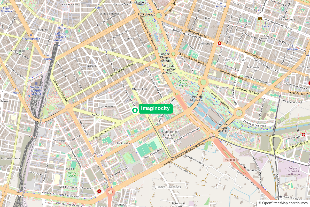 Mapa de Valencia con la ubicación de Imaginocity en Monteolivete, entre Ruzafa y la Ciudad de las Artes y las Ciencias