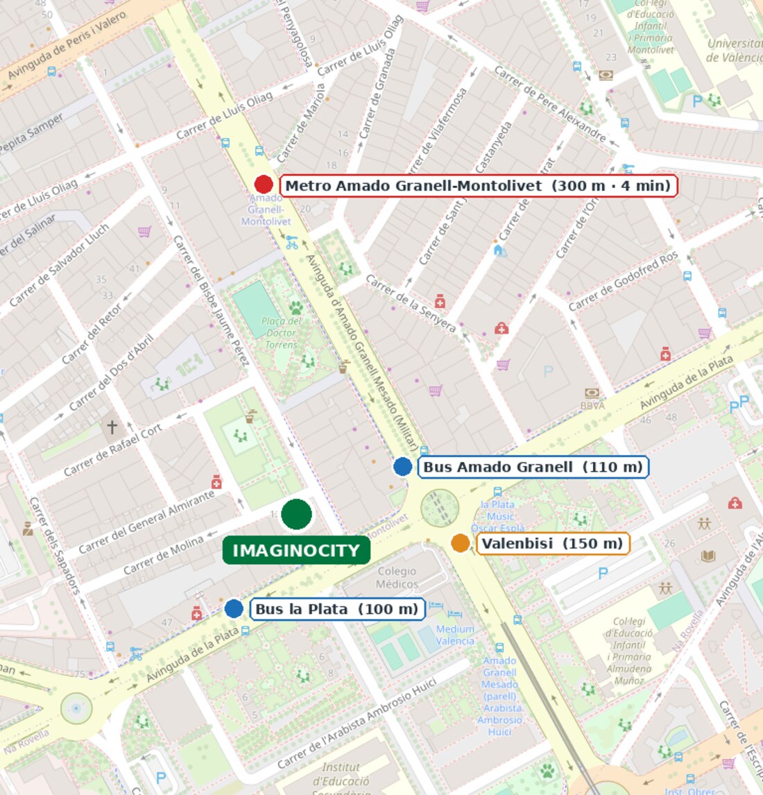 Mapa de la zona con Imaginocity, el metro Amado Granell-Montolivet, paradas de autobús y Valenbisi